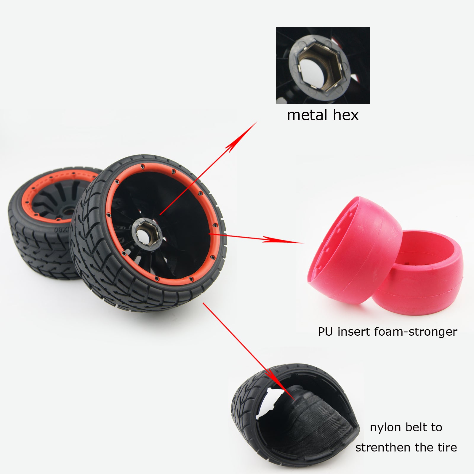 ( CN, US ) Upgrade Front rear wheel tyre set (Metal Hex wheel, PU foam, belted tire) 170mm x 80mm 60mm